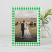 "Getrouwd & Stralend" Gingham Wapenschild Monogram Bedankkaart (Staand voorkant)