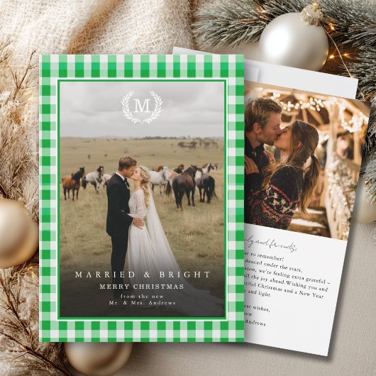 "Getrouwd & Stralend" Gingham Wapenschild Monogram Bedankkaart