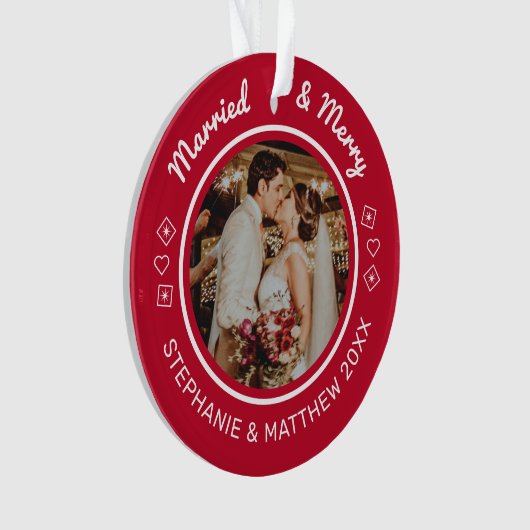 Getrouwd & Vrolijk 2 Foto Modern Rood Ornament (voorkant)