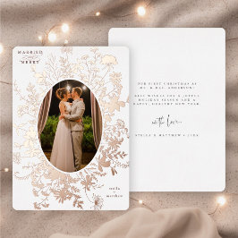 Getrouwd & Vrolijk Bloemen Kerstmis Foto Roos Goud Folie Feestdagenkaart