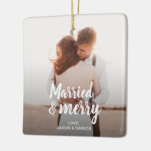 Getrouwd & Vrolijk Bruiloft Dank u Kerstmis Foto Keramisch Ornament (Links)