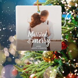 Getrouwd & Vrolijk Bruiloft Dank u Kerstmis Foto Keramisch Ornament