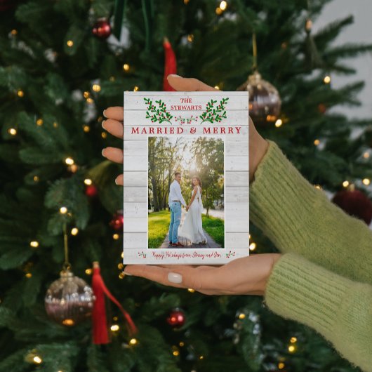 Getrouwd & Vrolijk Bruiloft Vrolijk Kerstfeest Fot Feestdagenkaart