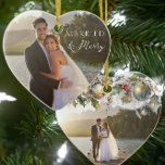 Getrouwd & vrolijk Dubbelzijdig Hart Trouwfoto Keramisch Ornament<br><div class="desc">Getrouwd en vrolijk foto ornament - ideaal voor pasgetrouwden eerste kerst getrouwd of voor een gelukkig getrouwd stel! De foto template is ingesteld voor u om een bruiloft foto toe te voegen aan elke kant. De ene kant heeft een elegante tekst overlay die leest "getrouwd en vrolijk" en de andere...</div>