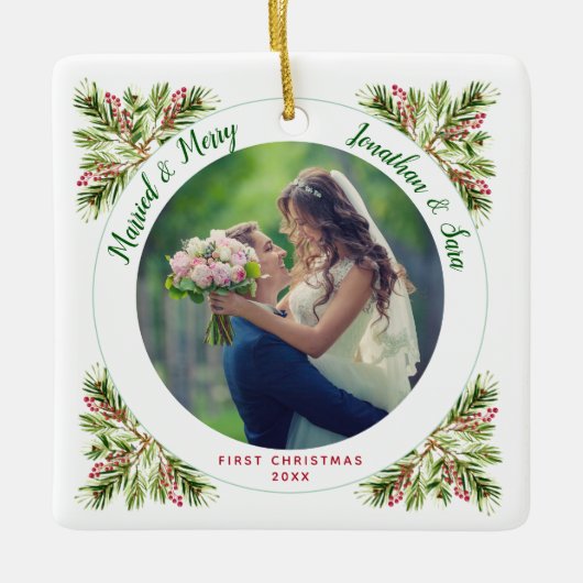 Getrouwd & Vrolijk | Eerste kerstfoto Keramisch Ornament (Voorkant)