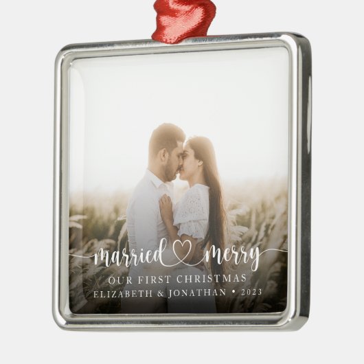 Getrouwd & Vrolijk Eerste Kerstmis Samen Foto Metalen Ornament (Links)