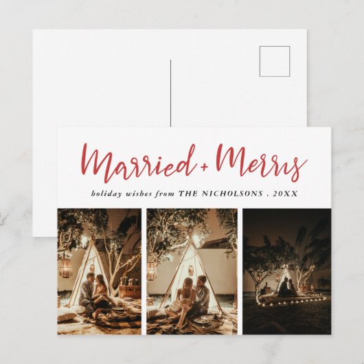 Getrouwd & Vrolijk Elegant Red Multi Fotovakantie Feestdagenkaart (Voorkant / Achterkant)