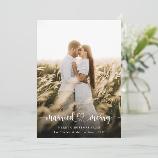Getrouwd & Vrolijk Elegant Script Foto Kerstkaart Bedankkaart (Staand voorkant)