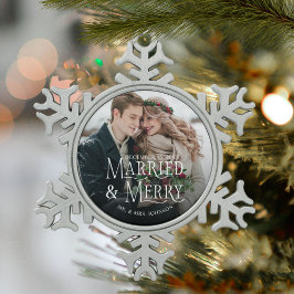 Getrouwd & vrolijk Foto Pas getrouwd Kerst Tin Sneeuwvlok Ornament