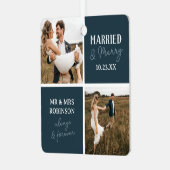 Getrouwd & vrolijk Fotonamen Blauwe Kerst Metalen Ornament (Voorkant links)