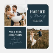 Getrouwd & vrolijk Fotonamen Blauwe Kerst Metalen Ornament (Voorkant)