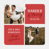 Getrouwd & vrolijk Fotonamen Rode Kerst Metalen Ornament (Voorkant)