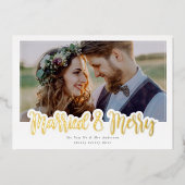 Getrouwd & Vrolijk Huwelijksfoto Echt Goud Folie Feestdagenkaart (Voorkant)