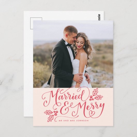 Getrouwd & Vrolijk Kerstfeest Handlettered Foto Briefkaart (Voorkant / Achterkant)