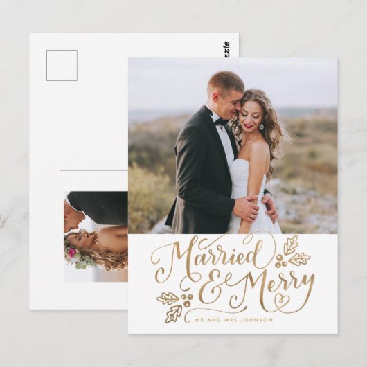 Getrouwd & Vrolijk Kerstfeest Handlettered Photo G Briefkaart (Voorkant / Achterkant)