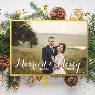 Getrouwd & vrolijk kerstvakantie foto gouden lijst feestdagenkaart