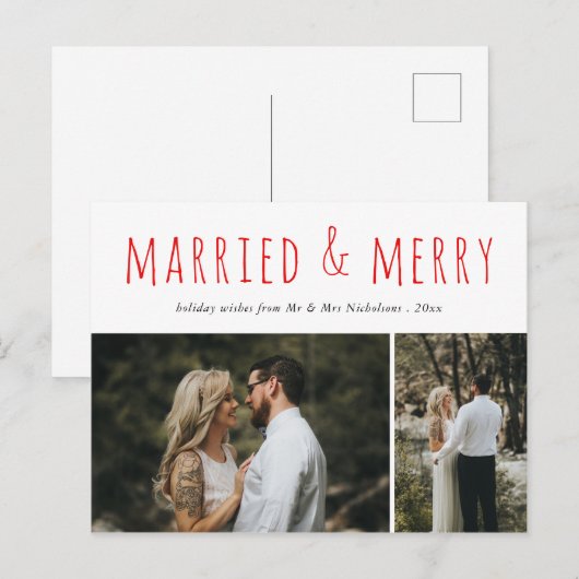 Getrouwd & vrolijk Modern Elegant Red Script Foto Feestdagenkaart (Voorkant / Achterkant)