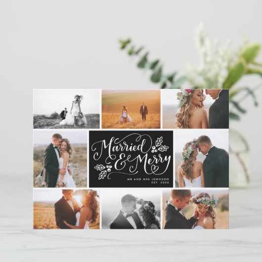 Getrouwd & vrolijk Multi-Photo Collage Vakantie Feestdagenkaart (Staand voorkant)