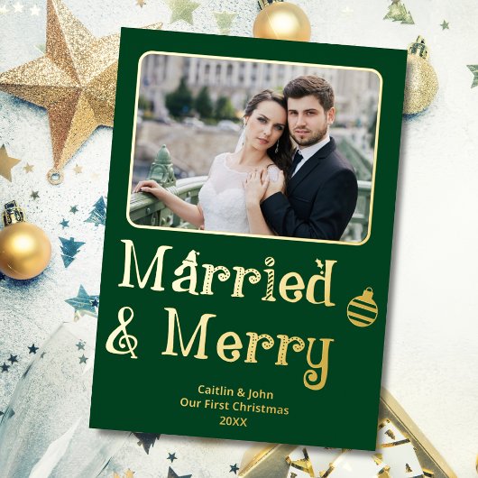 Getrouwd Vrolijk Pas getrouwd 1e Kerstmis Foto Gro Folie Feestdagenkaart