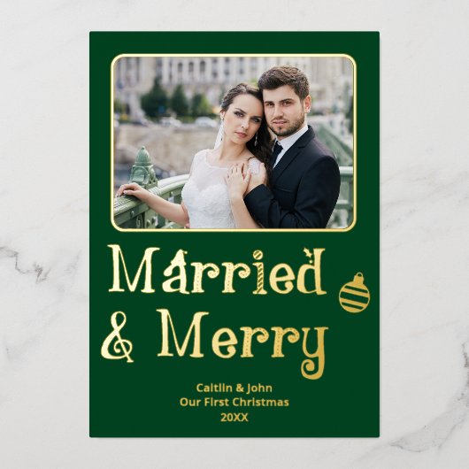Getrouwd Vrolijk Pas getrouwd 1e Kerstmis Foto Gro Folie Feestdagenkaart (Voorkant)