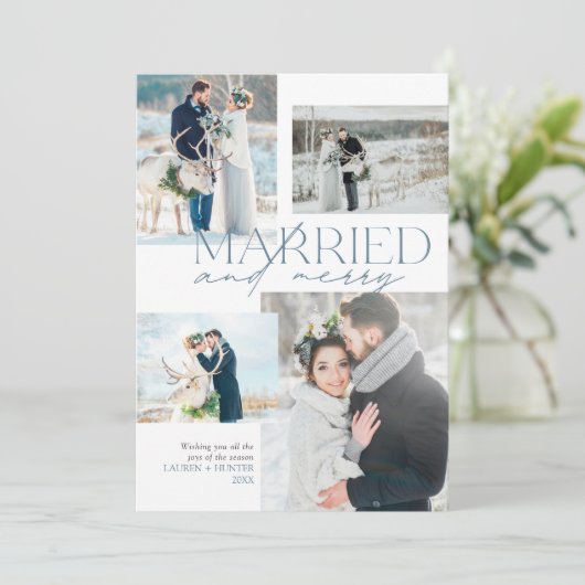 Getrouwd & vrolijk Pas getrouwd Rustiek Blauw Foto Feestdagenkaart (Staand voorkant)