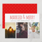 Getrouwd & vrolijk rood script drie foto vakantie feestdagenkaart (Voorkant / Achterkant)