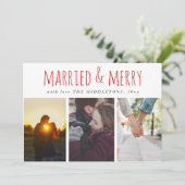 Getrouwd & vrolijk rood script drie foto vakantie feestdagenkaart (Staand voorkant)