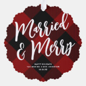 Getrouwd & Vrolijk Script Red Plaid Foto Kerstmis Ornament Kaart (Achterkant)