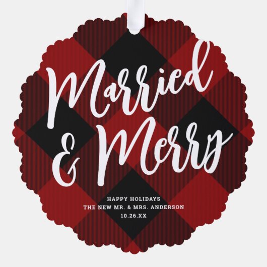 Getrouwd & Vrolijk Script Red Plaid Foto Kerstmis Ornament Kaart (Achterkant)