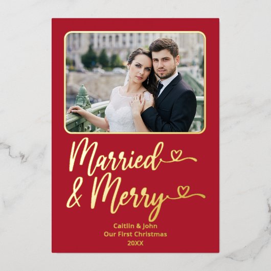 Getrouwd Vrolijke Pas getrouwd 1e Kerstmis Foto Ro Folie Feestdagenkaart (Voorkant)