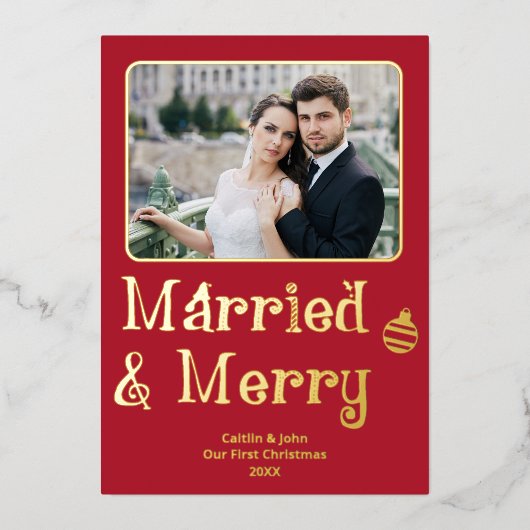 Getrouwd Vrolijke Pas getrouwd 1e Kerstmis Rode Fo Folie Feestdagenkaart (Voorkant)