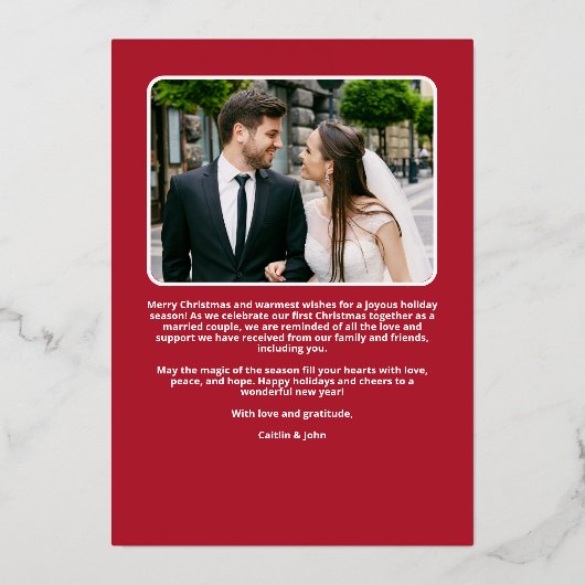 Getrouwd Vrolijke Pas getrouwd 1e Kerstmis Rode Fo Folie Feestdagenkaart (Achterkant)