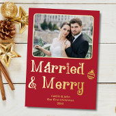 Getrouwd Vrolijke Pas getrouwd 1e Kerstmis Rode Fo Folie Feestdagenkaart