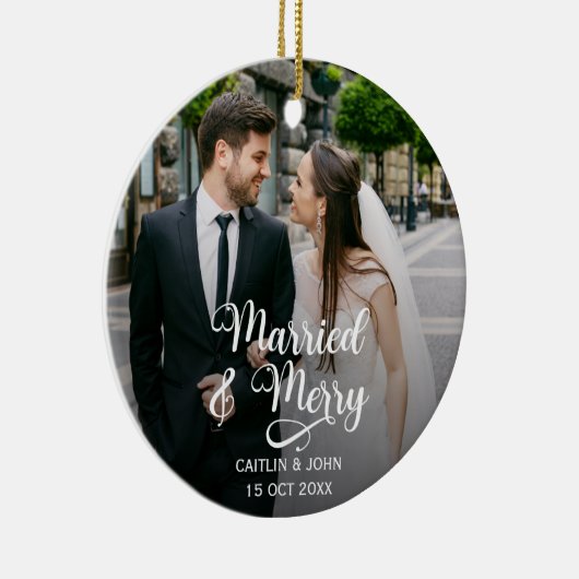 Getrouwd Vrolijke Passen getrouwd 1e Kerstmis Foto Keramisch Ornament (Rechts)