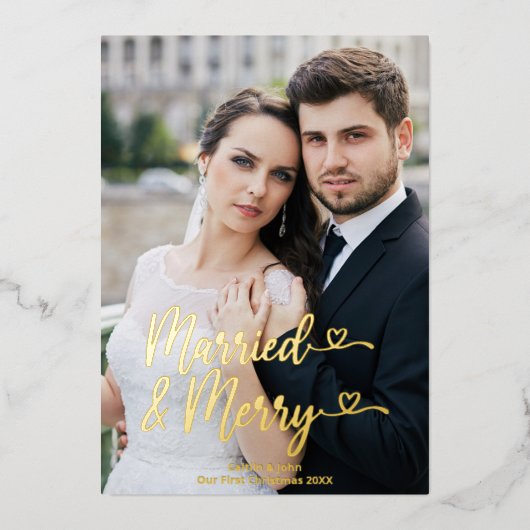 Getrouwd Vrolijke Passen getrouwd 1e Kerstmis Hart Folie Feestdagenkaart (Voorkant)