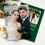 Getrouwd Vrolijke Passen getrouwd 1e Kerstmis Hart Folie Feestdagenkaart<br><div class="desc">Dit Married and Merry Our First Christmas custom 2-foto gouden folie wenskaart met harten is de perfecte manier om de eerste kerst van een pasgetrouwd stel te vieren, met zijn strakke en moderne lettertype en klassieke vakantiekleuren, ruimte voor twee foto's, evenals een gepersonaliseerde boodschap op een bosgroene achtergrond op de...</div>