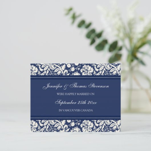 Getrouwde aankondiging Briefkaarten Blue Damask (Staand voorkant)