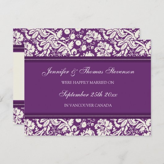 Getrouwde aankondiging Briefkaarten Plum Damask (Voorkant / Achterkant)