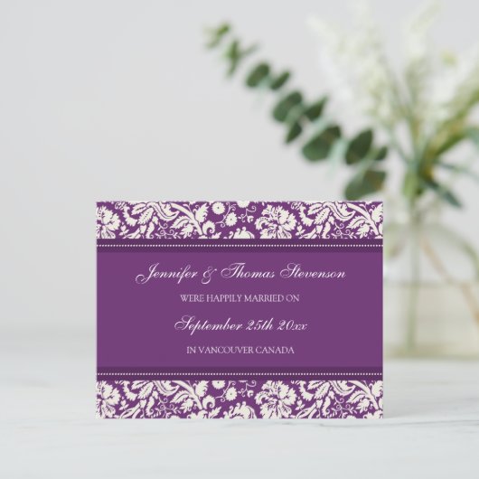 Getrouwde aankondiging Briefkaarten Plum Damask (Staand voorkant)
