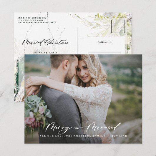 Getrouwde kerst elegante botanische foto nieuw get feestdagenkaart (Voorkant / Achterkant)
