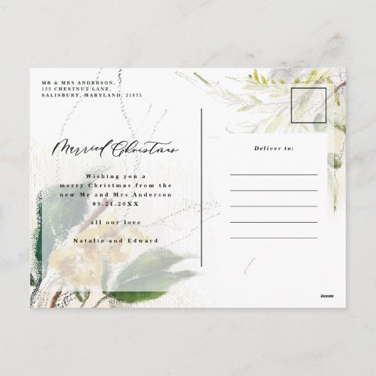 Getrouwde kerst elegante botanische foto nieuw get feestdagenkaart (Achterkant)