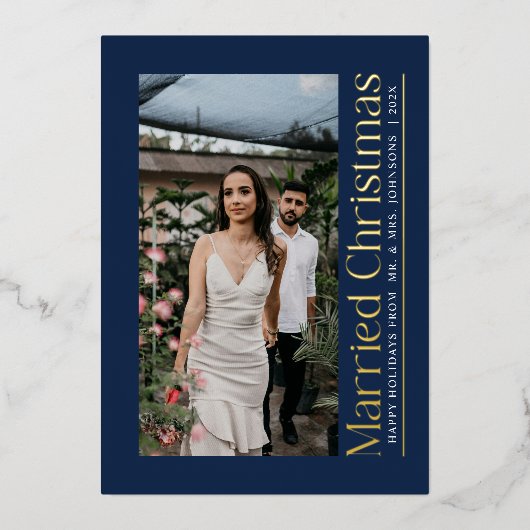 Getrouwde Kerstfoto Passen getrouwd Navy Blue Folie Feestdagenkaart (Voorkant)