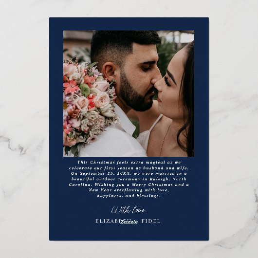 Getrouwde Kerstfoto Passen getrouwd Navy Blue Folie Feestdagenkaart (Achterkant)