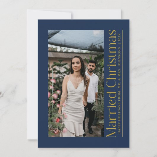 Getrouwde Kerstfoto Passen getrouwd Navy Blue Gold Feestdagenkaart (Voorkant)