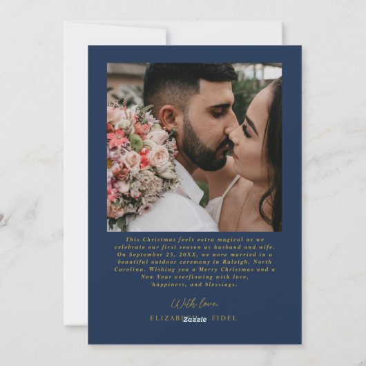 Getrouwde Kerstfoto Passen getrouwd Navy Blue Gold Feestdagenkaart (Achterkant)
