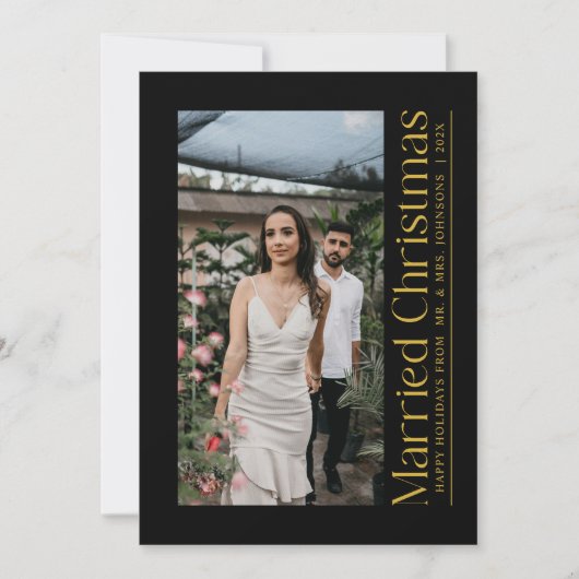 Getrouwde Kerstfoto Passen getrouwd Zwart & Goud Feestdagenkaart (Voorkant)