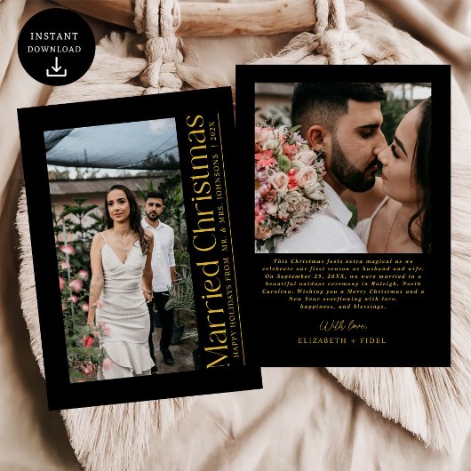 Getrouwde Kerstfoto Passen getrouwd Zwart & Goud Feestdagenkaart