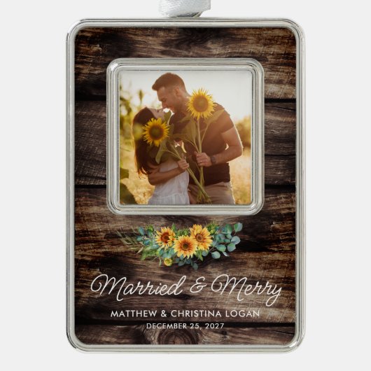 Getrouwde Merry Rustic Zonnebloem Eucalyptus Foto Verzilverd Omlijst Ornament (Voorkant)