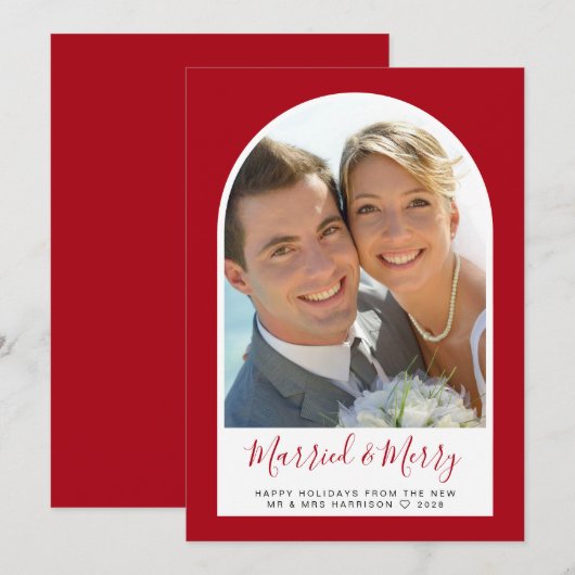 Getrouwde Vrolijke Kerstboog Foto Rood Feestdagenkaart (Voorkant / Achterkant)