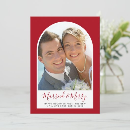 Getrouwde Vrolijke Kerstboog Foto Rood Feestdagenkaart (Staand voorkant)